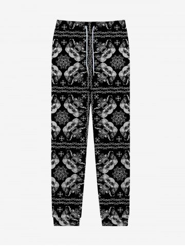 Gothic Vintage Skulls Pentagram Cross Graphic Print Drawstring Pocket Sweatpants For Men - BLACK - XS