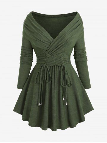 Plus Size Ruched Tie Crisscross Surplice Off The Shoulder V Neck Long Sleeve Top - DEEP GREEN - M | US 10