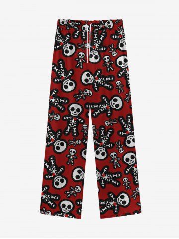 Gothic Cute Skulls Skeleton Gingerbread Print Christmas Drawstring Wide Leg Sweatpants For Men - RED - XL