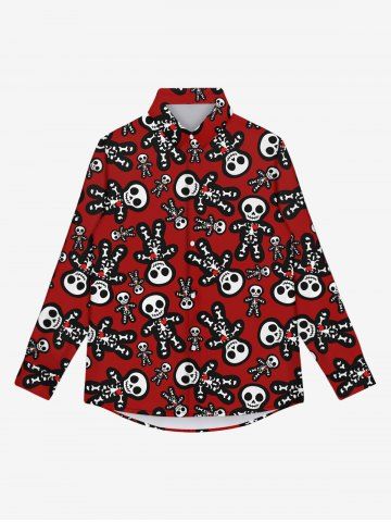 Gothic Cute Skulls Skeleton Gingerbread Print Turn-down Collar Christmas Button Up Shirt For Men - RED - M