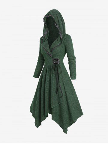 Plus Size Lace Up Grommets Ruffles Surplice Asymmetrical Textured Hooded Sweater Dress - DEEP GREEN - L | US 12