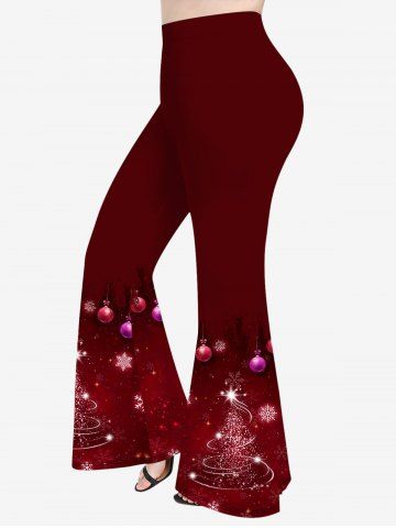 Plus Size Glitter Sparkling Christmas Tree Ball Snowflake Galaxy Print Ombre Pull On Flare Pants - DEEP RED - 6X