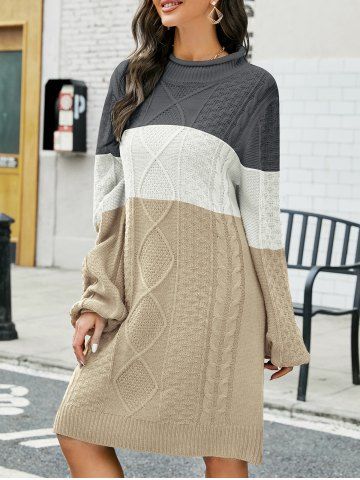 Colorblock Cable Knit Mini Sweater Dress - LIGHT COFFEE - L | US 8