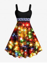 Plus Size Buckle Belt Grommets Stars Glitter Sparkling Sequin 3D Print Tank Party Dress - Multi-A S