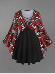 Gothic Cute Skull Skeleton Gingerbread Heart Print Christmas Flare Sleeves Lattice Blouse -  