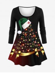 T-shirt Brillant 3D Etoile Sapin de Noël et Ruban Imprimés Grande Taille à Paillettes - Noir 1X