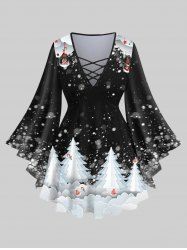 Plus Size Christmas Tree Ball Stocking Snowflake Print Flare Sleeves Lattice Top -  