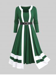 Plus Size Christmas Ruffles Two Tone Colorblock Print Layered Buckle Belt Midi Dress -  