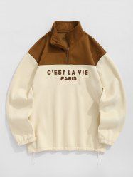 Fleece Lined Colorblock Letter Terry Embroidery Quarter Zip Toggle Drawstring Sweatshirt -  