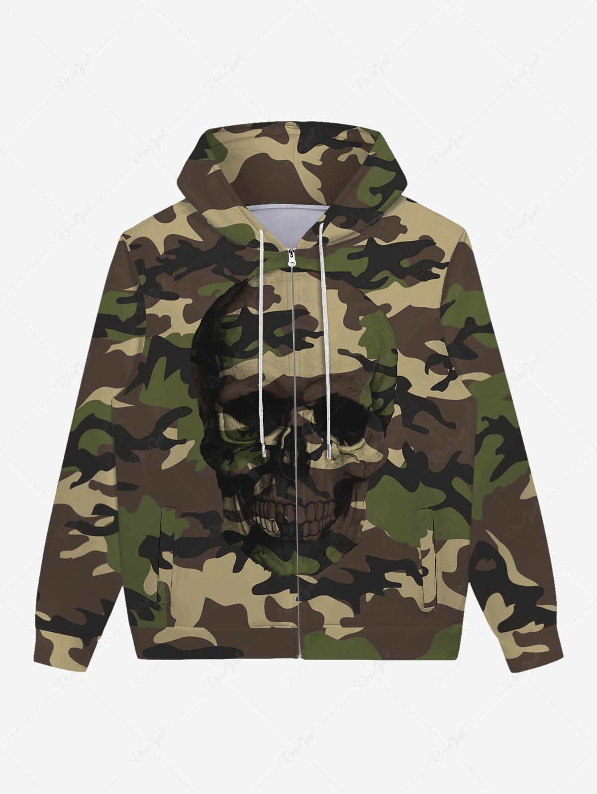 Sale Gothic 3D Camouflage Skull Print Zipper Pockets Drawstring Hoodie For Men  