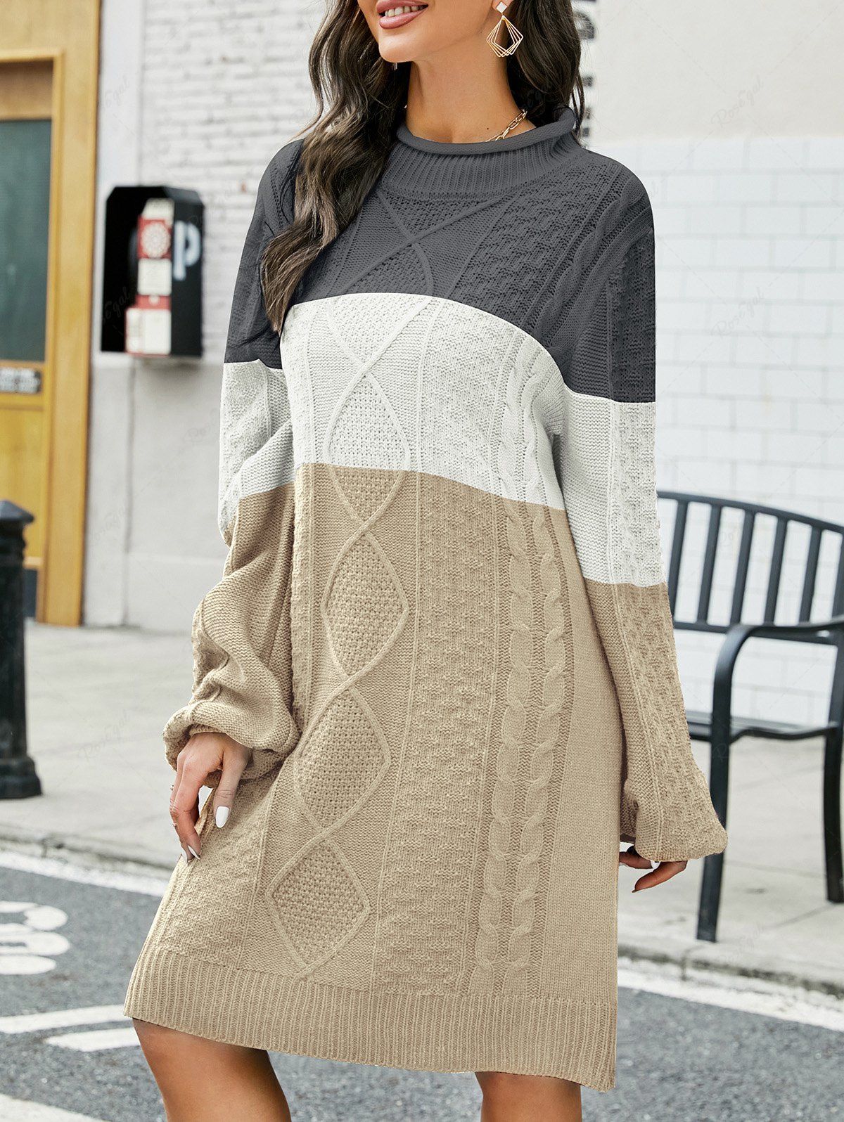 Sale Colorblock Cable Knit Mini Sweater Dress  