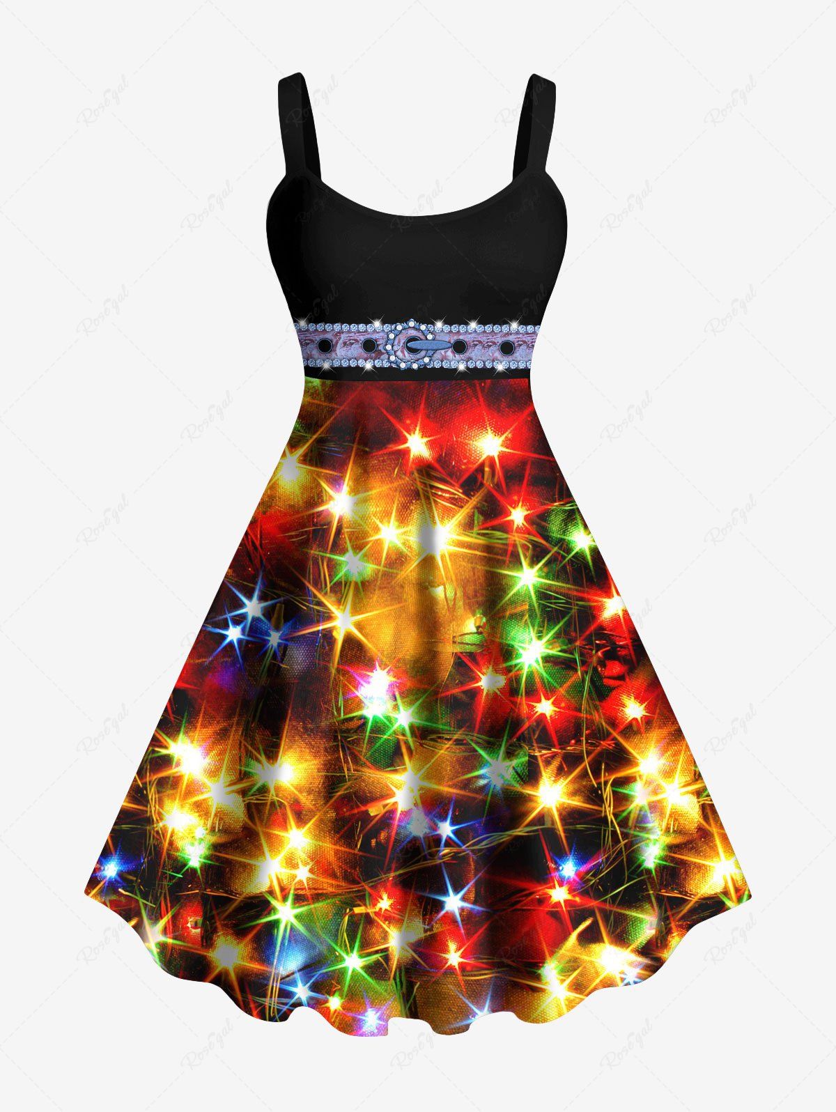 Chic Plus Size Buckle Belt Grommets Stars Glitter Sparkling Sequin 3D Print Tank Party Dress  