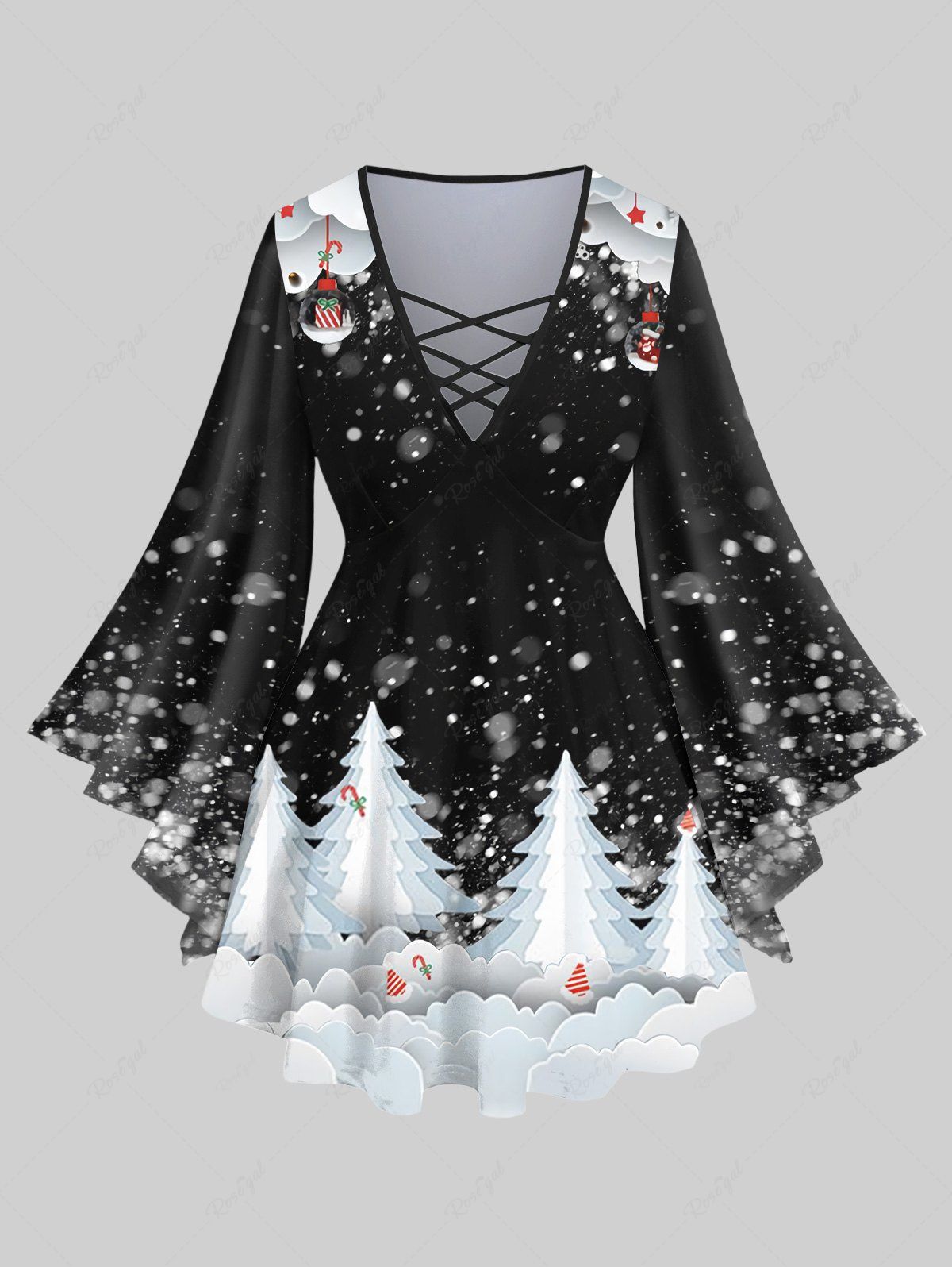 Fashion Plus Size Christmas Tree Ball Stocking Snowflake Print Flare Sleeves Lattice Top  