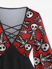 Gothic Cute Skull Skeleton Gingerbread Heart Print Christmas Flare Sleeves Lattice Blouse -  