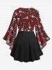 Gothic Cute Skull Skeleton Gingerbread Heart Print Christmas Flare Sleeves Lattice Blouse -  