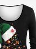 T-shirt Brillant 3D Etoile Sapin de Noël et Ruban Imprimés Grande Taille à Paillettes - Noir 1X