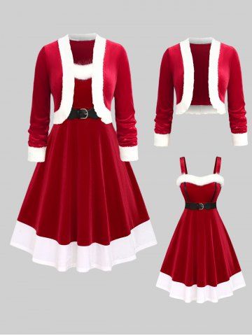 Christmas Fuzzy Trim Bowknot Buckle Belt Two Tone Velvet Tank Dress and Velvet Crop Coat Outfit - RED