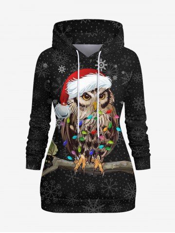 Plus Size Christmas Light Hat Owl Snowflake Print Drawstring Hoodie - BLACK - M