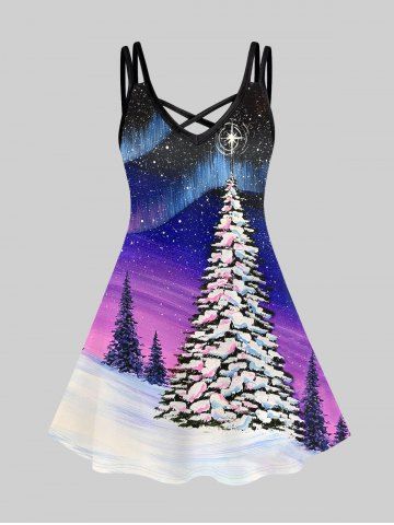 Plus Size Colorful Galaxy Colorblock Christmas Tree Snowflake Print Crisscross A Line Cami Dress - PURPLE - XS