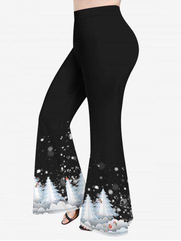Plus Size Christmas Tree Hat Candy Snowflake Colorblock Print Flare Pants - BLACK - S