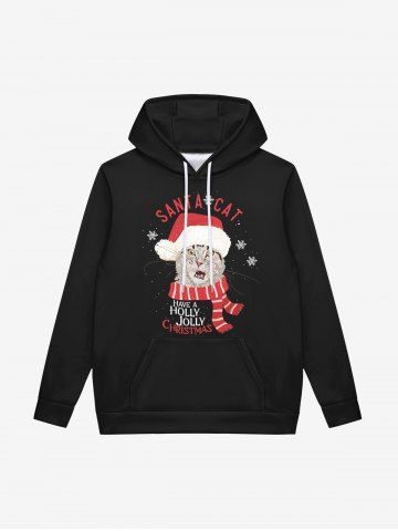 Gothic Christmas Hat Cat Letters Snowflake Print Fleece Lining Drawstring Hoodie For Men