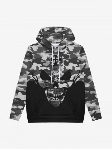 Gothic Skull Camouflage Print Fleece Lining Pocket Drawstring Hoodie For Men - BLACK - M