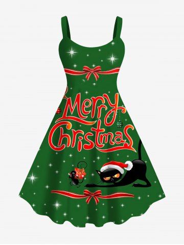 Plus Size Glitter Stars Christmas Hat Ball Gift Box Cat Letters Bowknot Print A Line Party Dress - DEEP GREEN - M