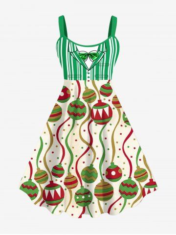 Plus Size Christmas Ball Bowknot Tie Stripe Ribbon Print Tank Dress - GREEN - XS
