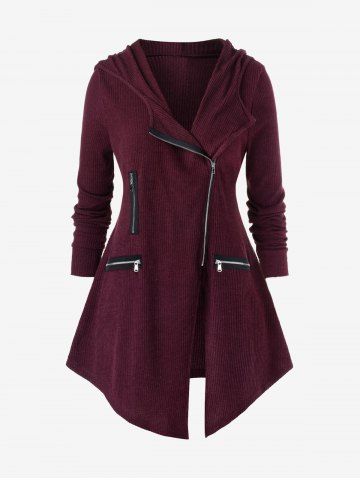 Plus Size Ribbed Textured Zippers Asymmetrical Hooded Sweater - DEEP RED - M | US 10