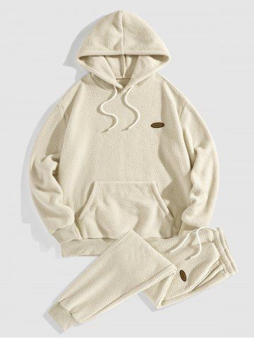 Men's Solid Color Label Design Fuzzy Fleece Kangaroo Pocket Hoodie and Drawstring Jogger Pants Set - CRYSTAL CREAM - M