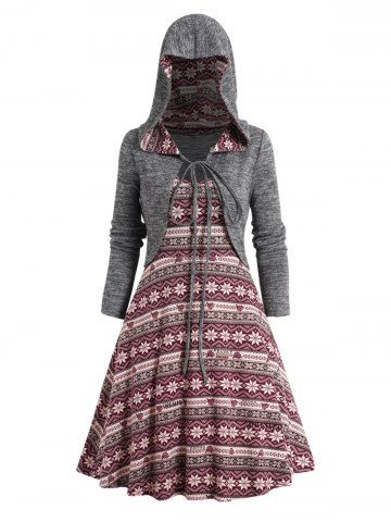 Tie Knot Knit Hooded Crop Top And Christmas Snowflake Flower Print Mini Dress Set - DEEP RED - L | US 8-10