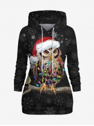 Plus Size Christmas Light Hat Owl Snowflake Print Drawstring Hoodie -  