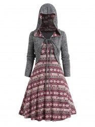 Tie Knot Knit Hooded Crop Top And Christmas Snowflake Flower Print Mini Dress Set -  