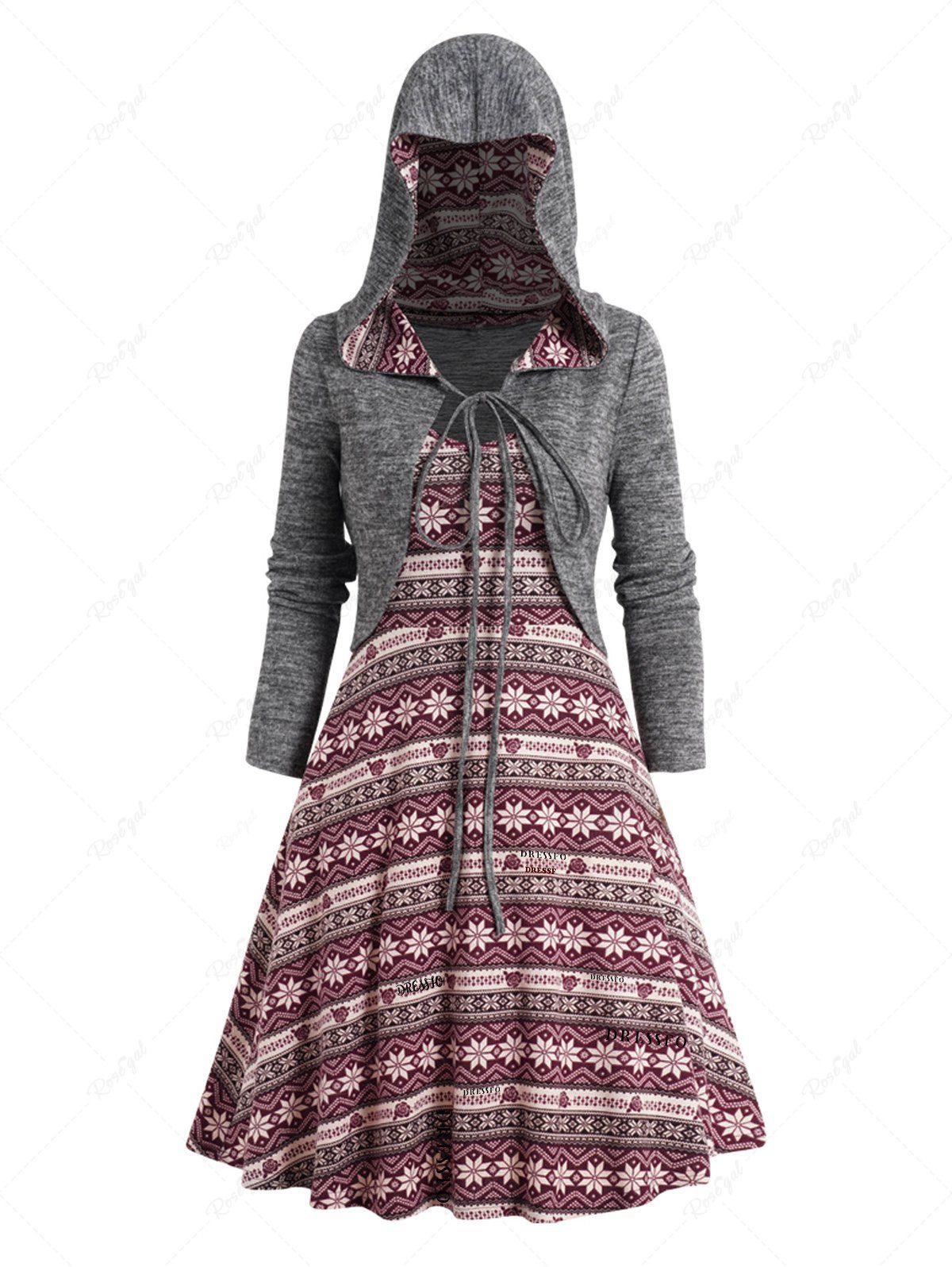 Outfits Tie Knot Knit Hooded Crop Top And Christmas Snowflake Flower Print Mini Dress Set  