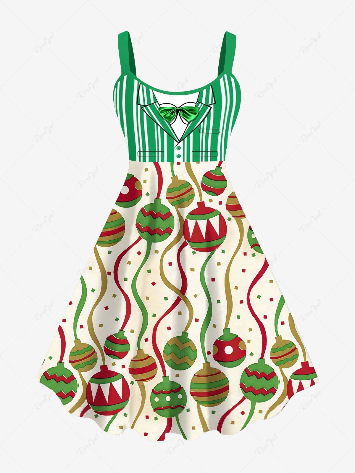 Outfits Plus Size Christmas Ball Bowknot Tie Stripe Ribbon Print Tank Dress  