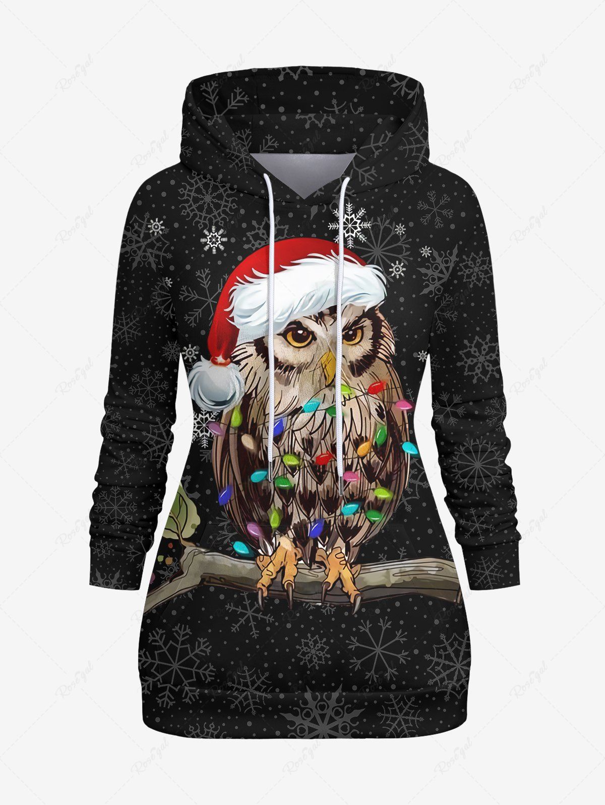 Sale Plus Size Christmas Light Hat Owl Snowflake Print Drawstring Hoodie  