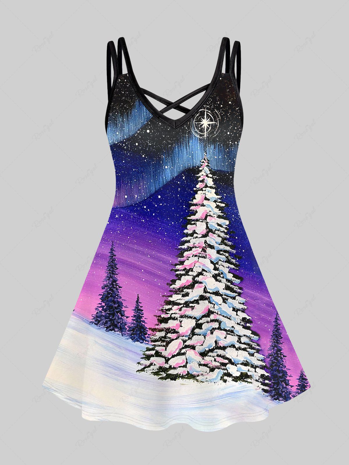 Latest Plus Size Colorful Galaxy Colorblock Christmas Tree Snowflake Print Crisscross A Line Cami Dress  