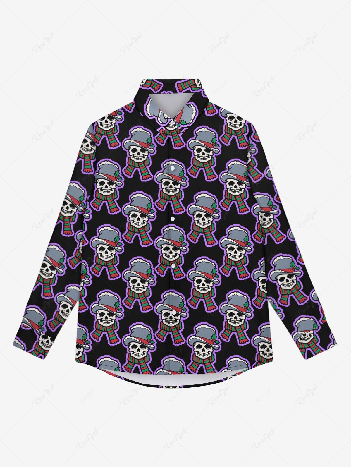 Hot Gothic Christmas Hat Scarf Skull Print Buttons Shirt For Men  