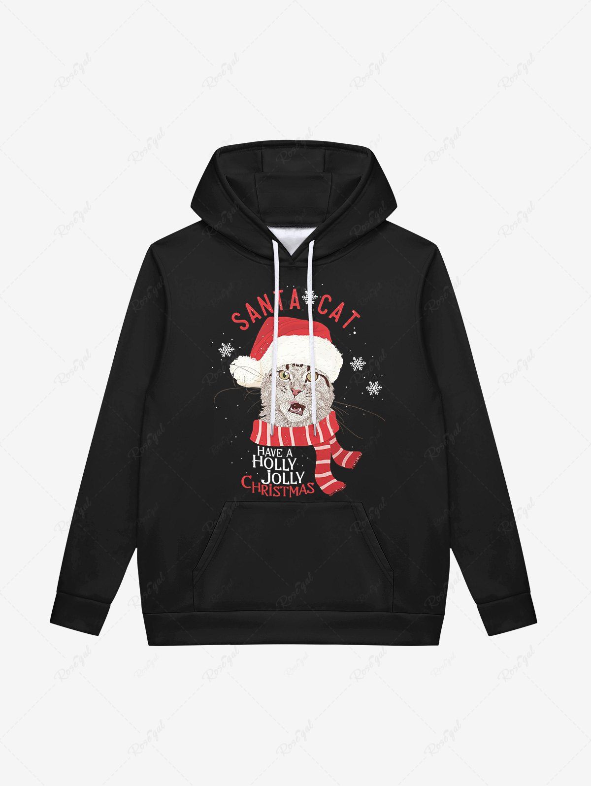 Sale Gothic Christmas Hat Cat Letters Snowflake Print Fleece Lining Drawstring Hoodie For Men  