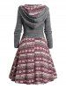 Tie Knot Knit Hooded Crop Top And Christmas Snowflake Flower Print Mini Dress Set -  