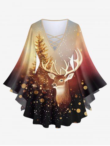 Plus Size Glitter Sparkling Christmas Tree Elk Sequins Ombre Galaxy Print Crisscross T-shirt - COFFEE - M