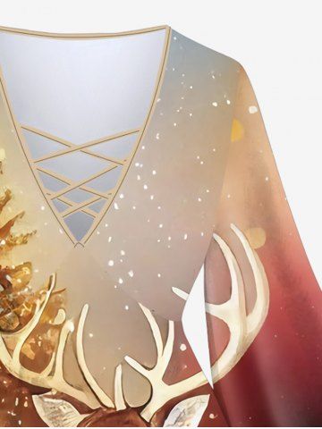Plus Size Glitter Sparkling Christmas Tree Elk Sequins Ombre Galaxy Print Crisscross T-shirt
