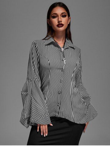 Gothic Button Striped Back Ruched Lace Up Flare Sleeves Shirt - BLACK - L | US 12