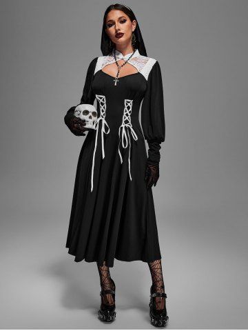 Robe Gothique Découpée Fleurie Panneau en Dentelle à Manches de Ballon à Lacets - BLACK - S | US 8