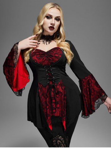 Plus Size Skulls Mesh Panel Bell Sleeves Twist Lace Up Asymmetrical 2 In 1 Top - BLACK - 1X | US 14-16