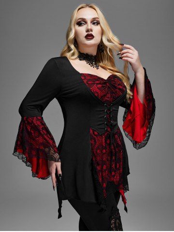 Plus Size Skulls Mesh Panel Bell Sleeves Twist Lace Up Asymmetrical 2 In 1 Top