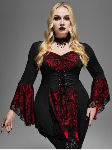 Plus Size Skulls Mesh Panel Bell Sleeves Twist Lace Up Asymmetrical 2 In 1 Top