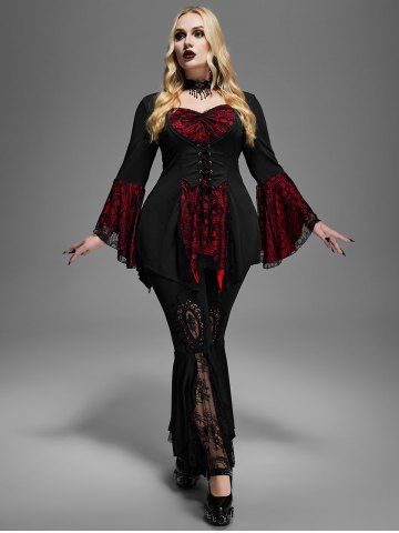 Plus Size Skulls Mesh Panel Bell Sleeves Twist Lace Up Asymmetrical 2 In 1 Top