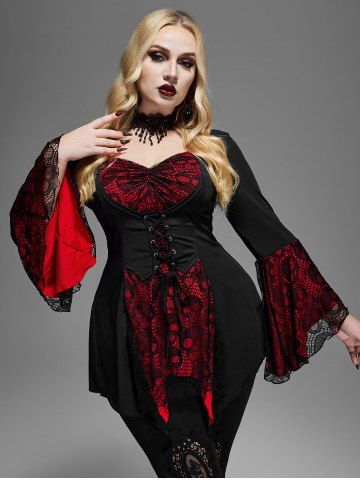 Plus Size Skulls Mesh Panel Bell Sleeves Twist Lace Up Asymmetrical 2 In 1 Top - BLACK - M | US 10