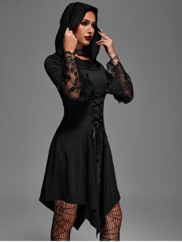 Gothic Plus Size Floral Lace Panel Bell Sleeves Lace Up Hooded Asymmetric Dress - BLACK - S | US 8